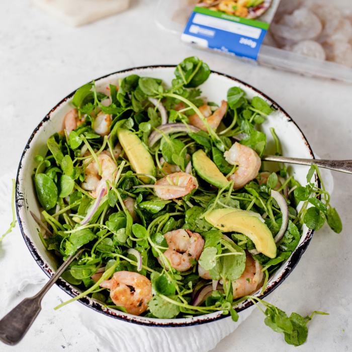 Grilled prawn, avocado and watercress salad with citrus dressing
