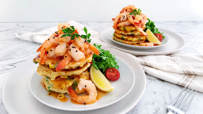 Sweet Chili Prawns with Pea & Corn Fritters
